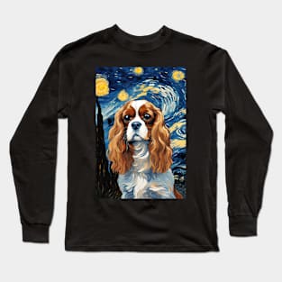 Adorable Cavalier King Charles Spaniel Dog Breed Painting in a Van Gogh Starry Night Long Sleeve T-Shirt